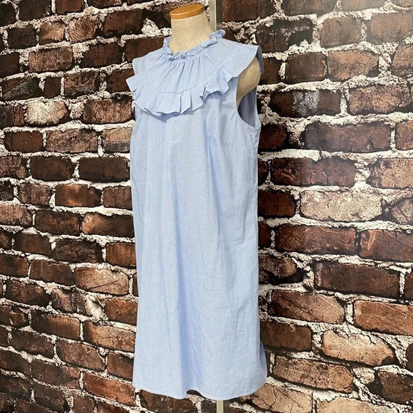 Halogen High Neck Dress Frill Striped Blue White Size Large L - Picture 6 of 15